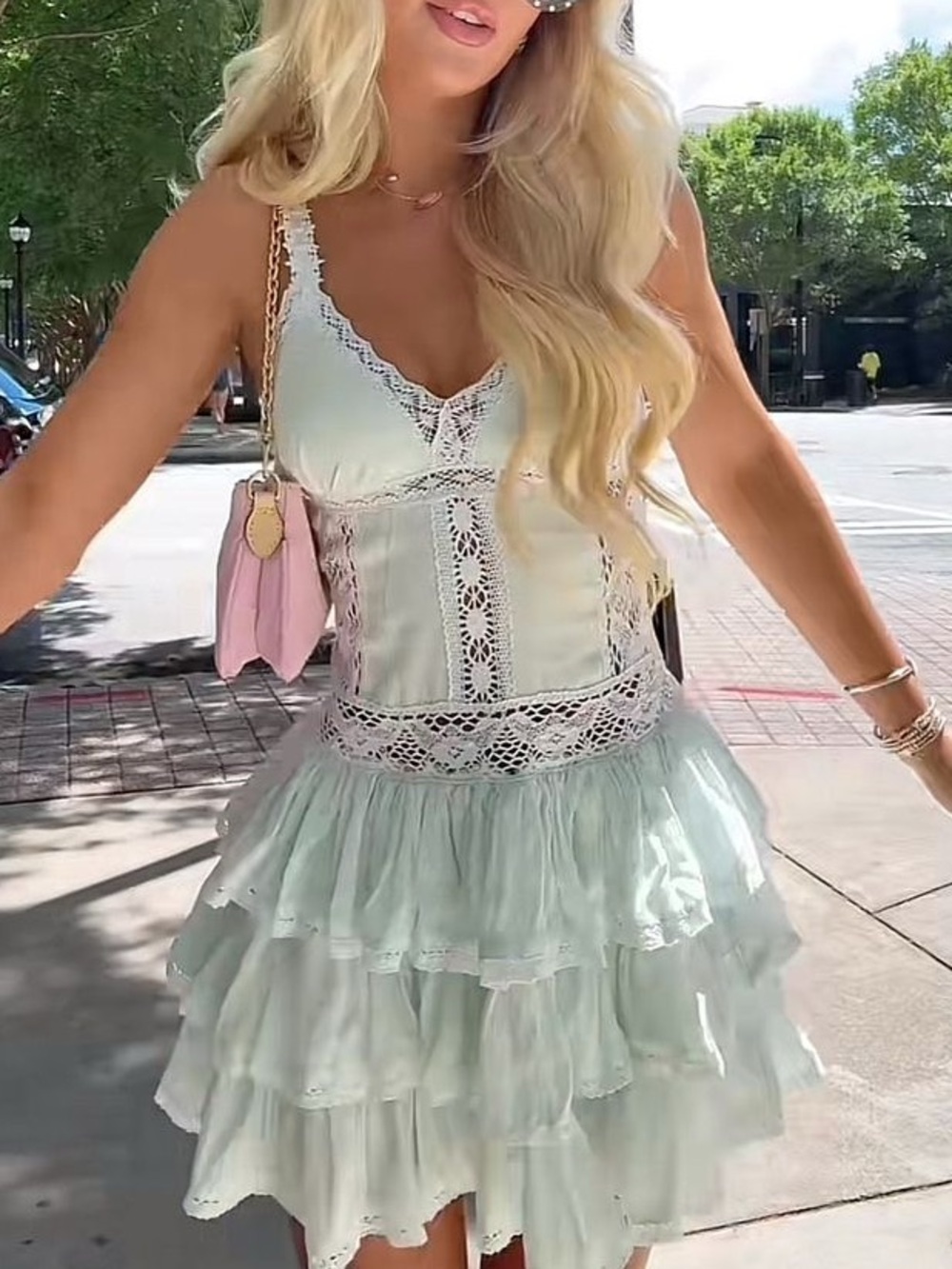 Amy Jane London Ivy Tiered Lace Mini Dress Light Mint Blue XXS New